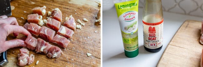 how to chop chicken thighs for skewers, fish sauce and lemongrass paste on a white counter.