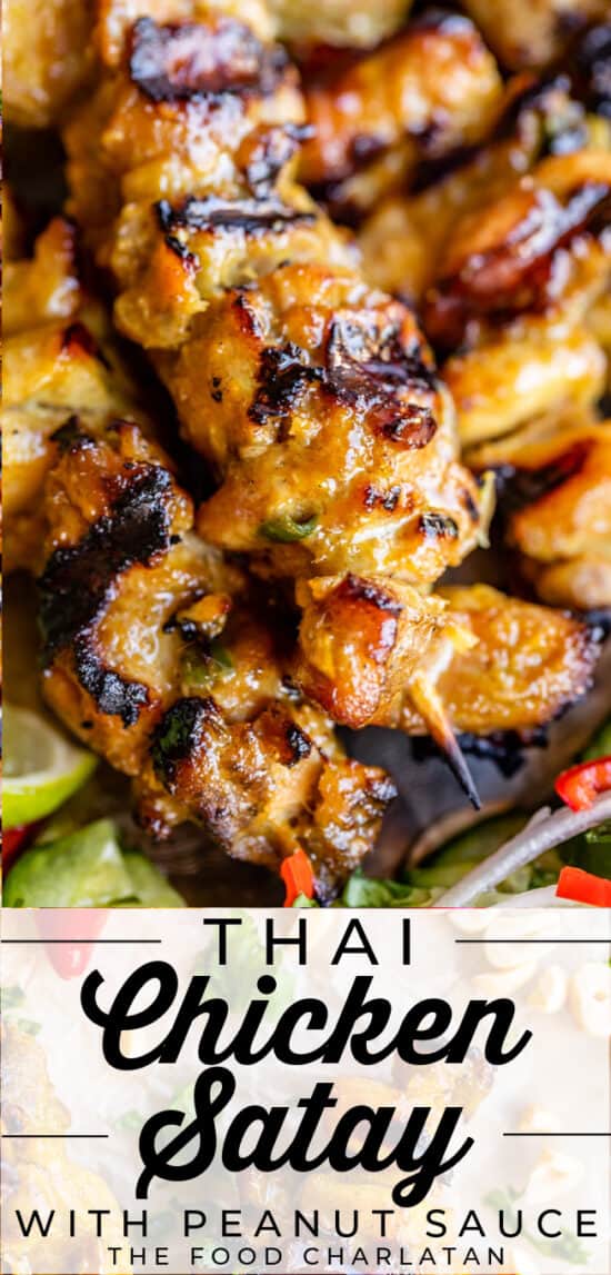 chicken satay skewers on a plate with cucumber slices