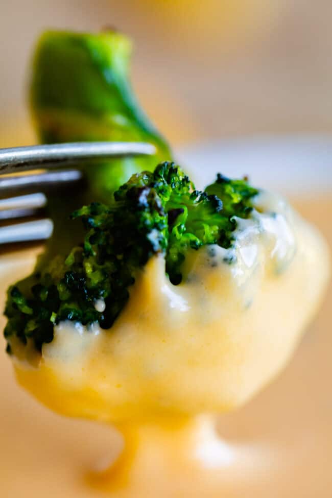a broccoli floret being dipped into easy cheese sauce.