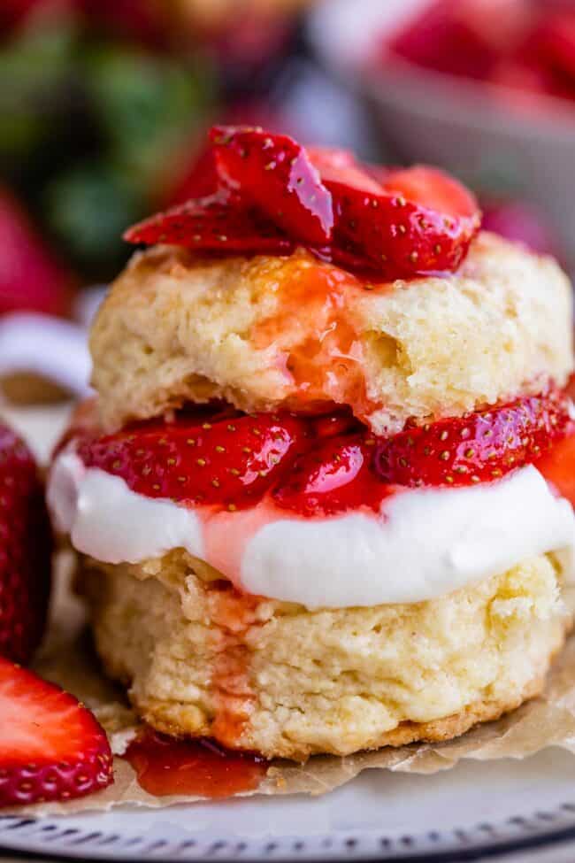 strawberry shortcake recipe on a plate with strawberry juice dripping