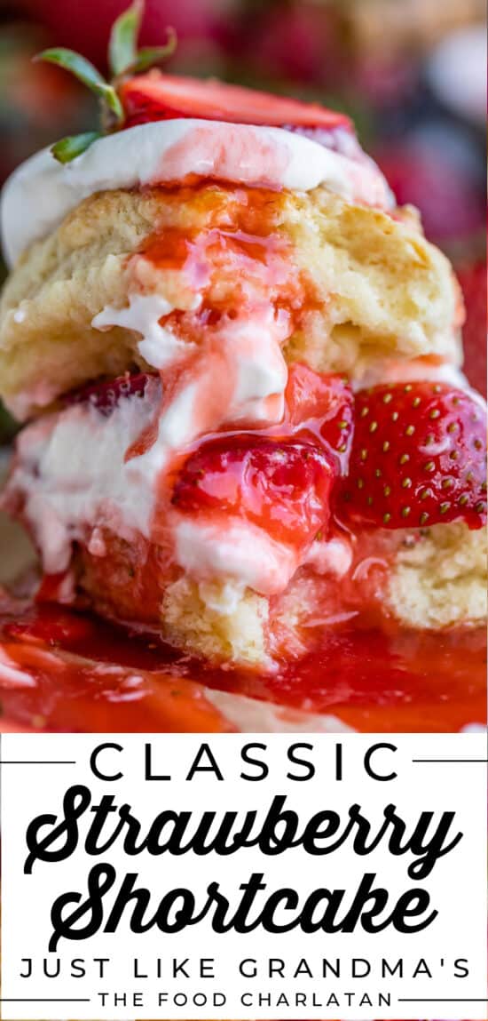 a bite taken out of strawberry shortcake on a plate