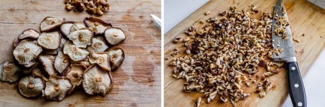 rehydrated shiitake mushrooms stemmed and then chopped with a knife on a cutting board.