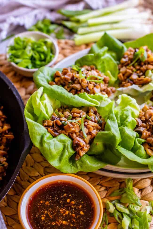 chicken lettuce wraps with sauce.