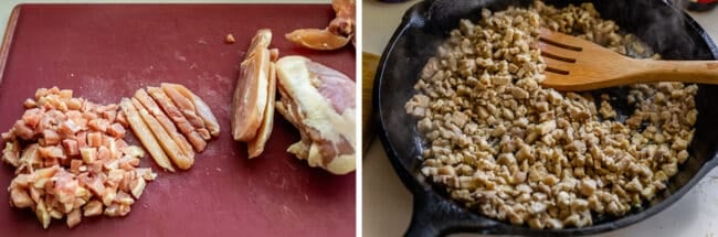 partially frozen chicken sliced and diced, then seared in a pan.