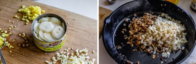 water chestnuts in a can, adding chestnuts and mushrooms to an oiled pan.