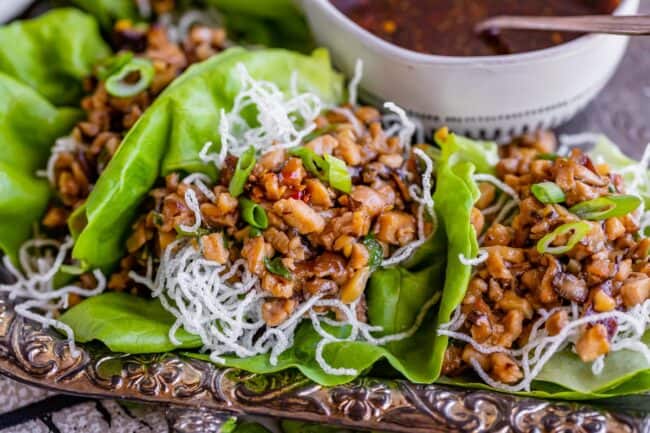 chicken lettuce wraps on platter.