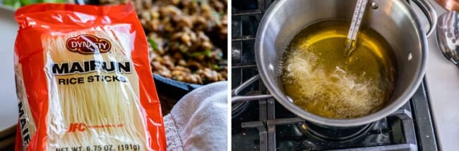package of rice noodles, pot of oil with a thermometer and rice noodles beginning to fry.