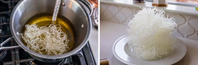 rice noodles in a pot of oil, fried rice noodles on a plate.