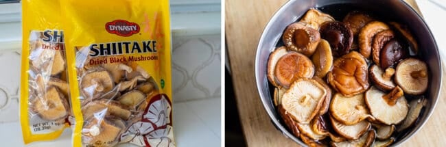 dried shiitake mushrooms in a bag, then in a metal bowl of hot water.