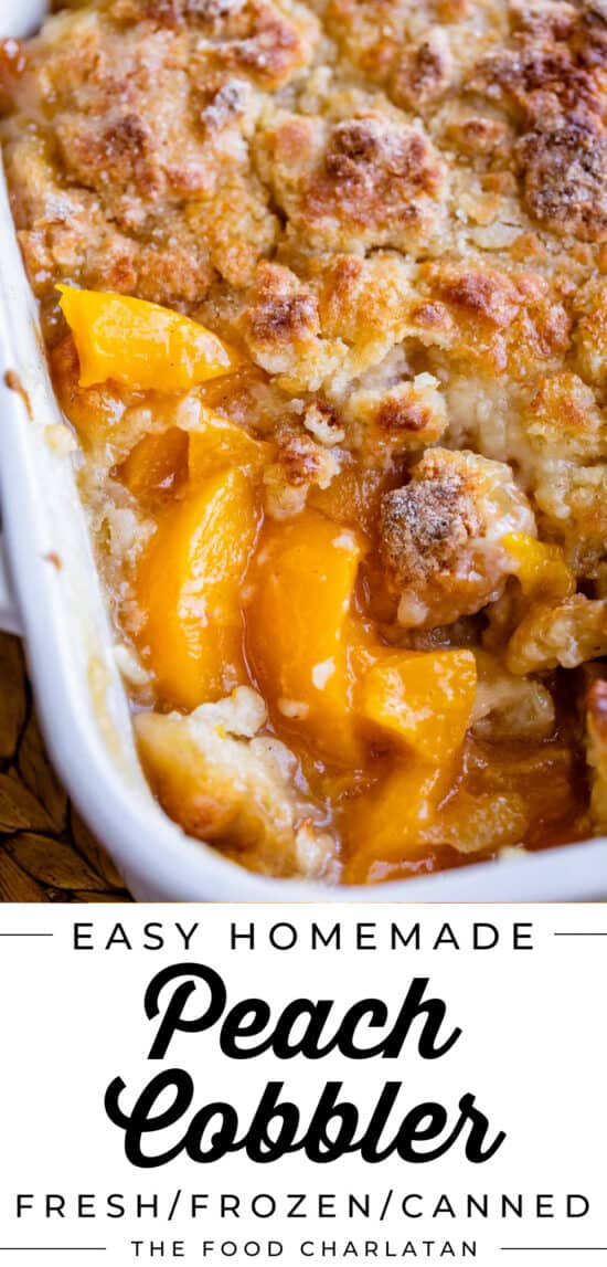 easy peach cobbler in a white casserole dish