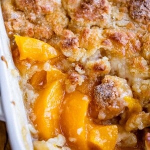 fresh peach cobbler in a casserole dish