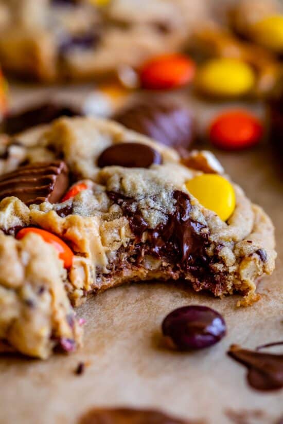 bite taken out of peanut butter pretzel cookies