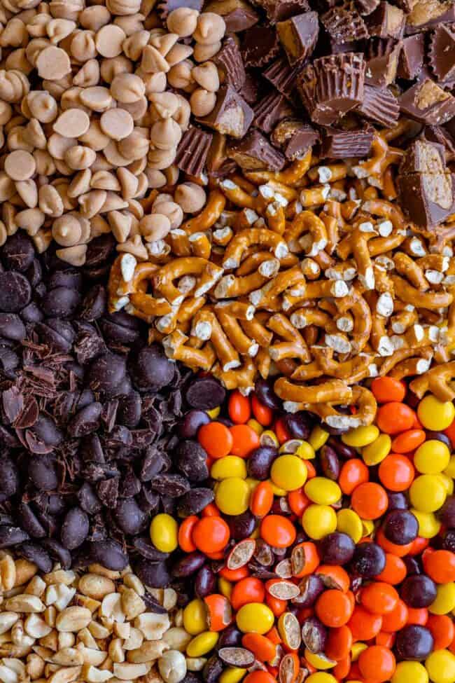 cookie ingredients gathered on a board: peanut butter chips, chocolate chips, pretzels, Reese's pieces, Reese's cups.