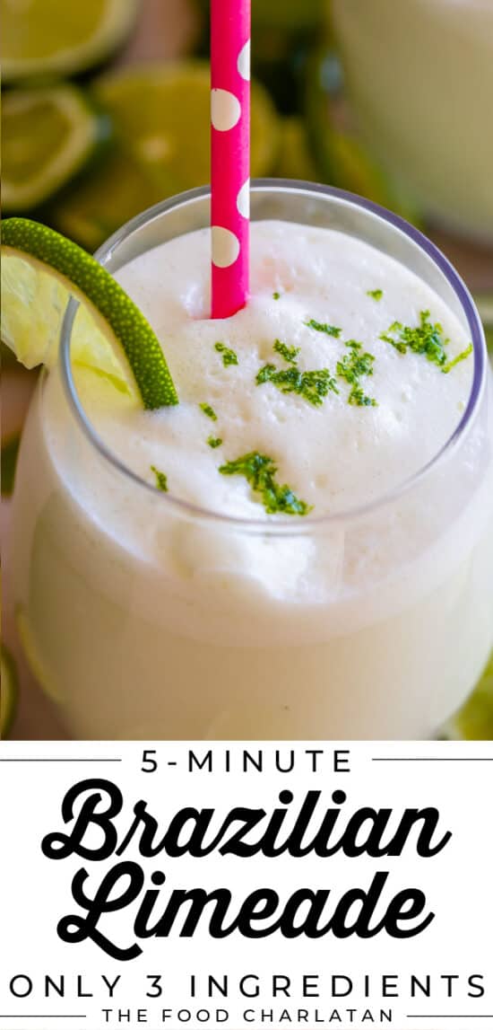 Brazilian Lemonade in a glass with a straw
