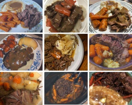 9 plates of crock pot pot roast with carrots and potatoes.
