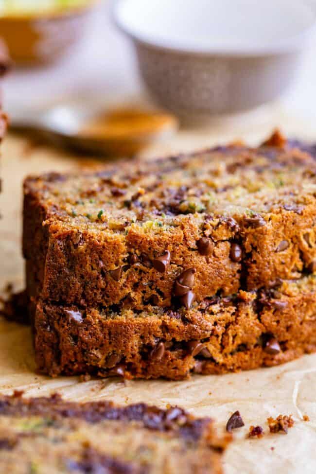 two slices of zucchini bread stacked.