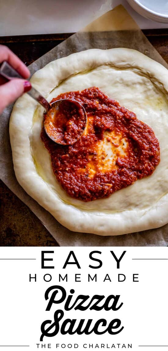 pizza sauce from scratch being spread on dough