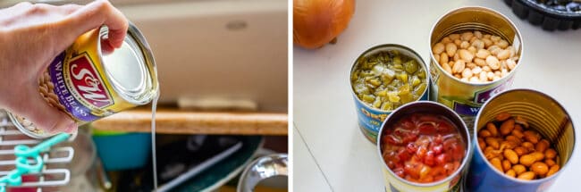 draining a can of beans over a dirty sink, cans of chilies, tomatoes, and beans opened on a counter.