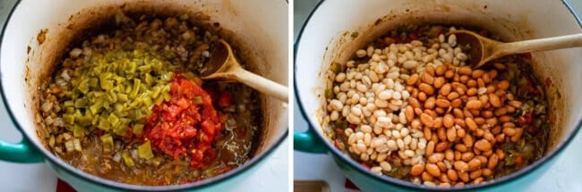 adding diced green chilies and tomatoes to a pot of onions, adding beans to the same pot.