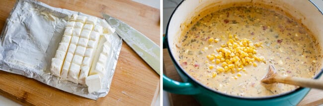 cream cheese chopped into chunks, adding corn to a pot of chili.