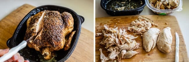 breaking down a rotisserie chicken on a cutting board.