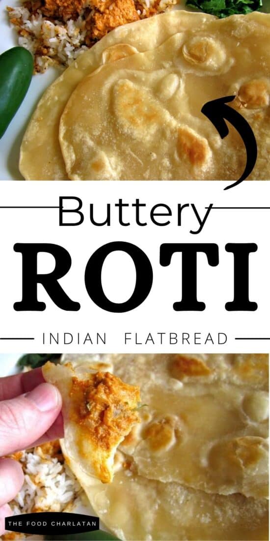 Roti Indian Bread, closeup, with caption Buttery Roti Indian Flatbread