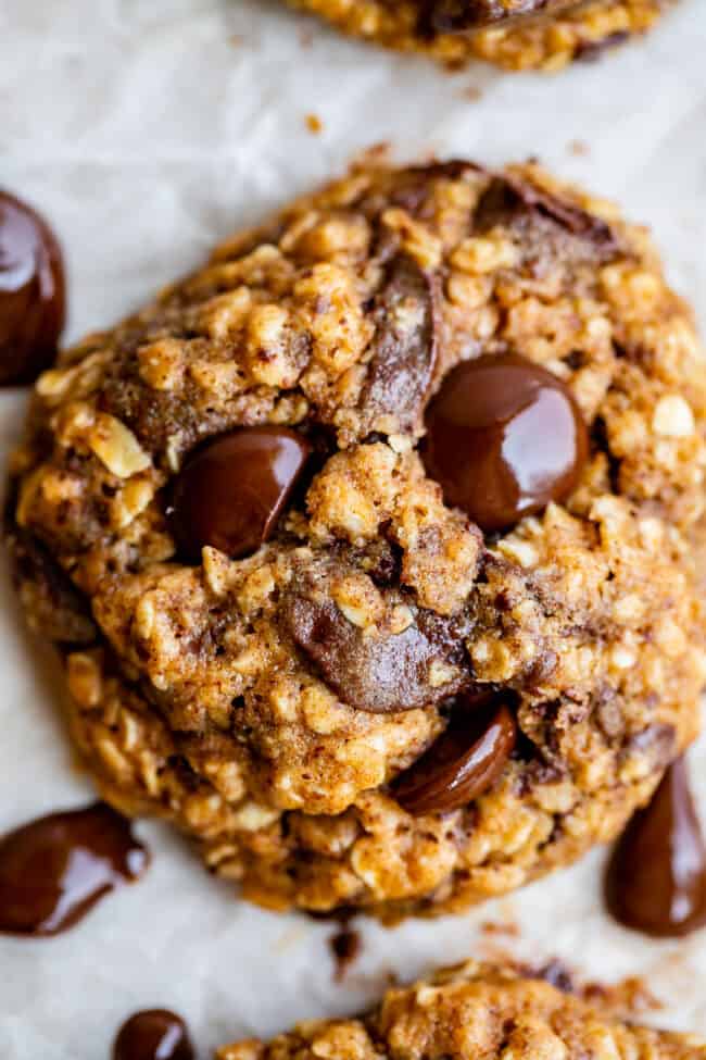 healthy oatmeal chocolate chip cookies close up from overhead.