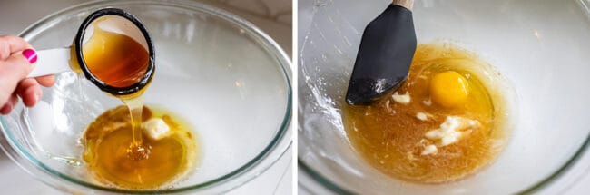 adding honey to a clear glass bowl, stirring egg into batter.