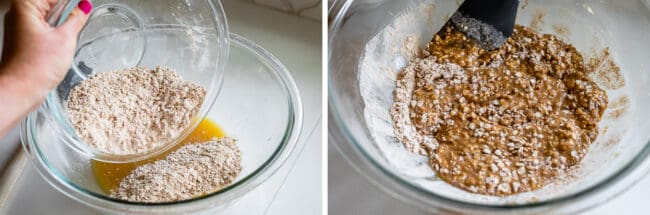adding dry ingredients to cookie dough in glass bowl on white counter.
