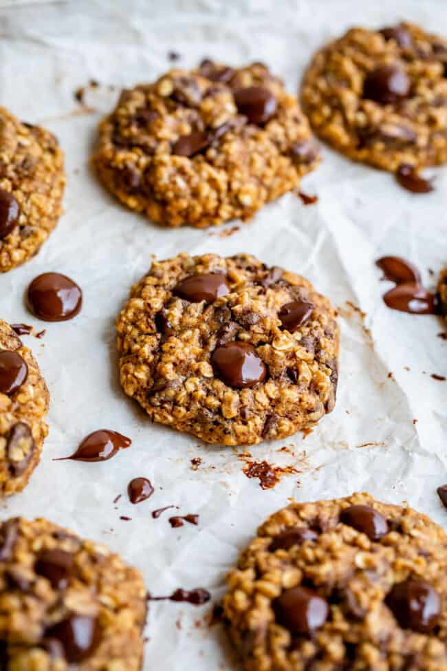 healthy chocolate chip cookies on a baking sheet.