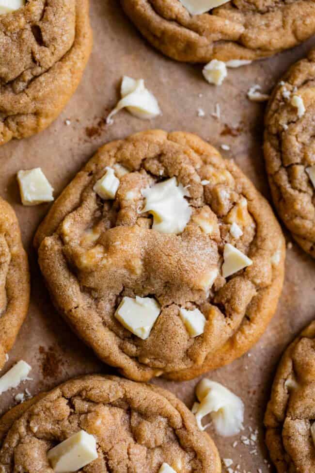 white chocolate chip cookies with crumbled white chocolate on pan