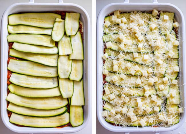 zucchini noodles layered in a pan, topped with mozzarella and parmesan.