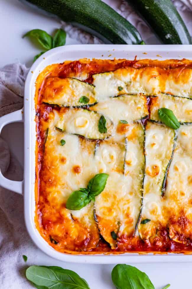keto zucchini lasagna in a white dish.