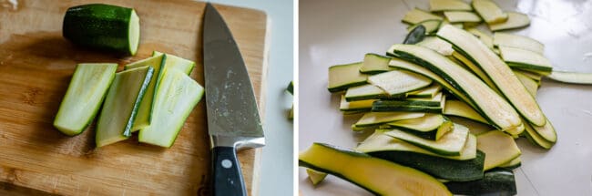 zucchini thinly sliced into noodles, on a cutting board. 