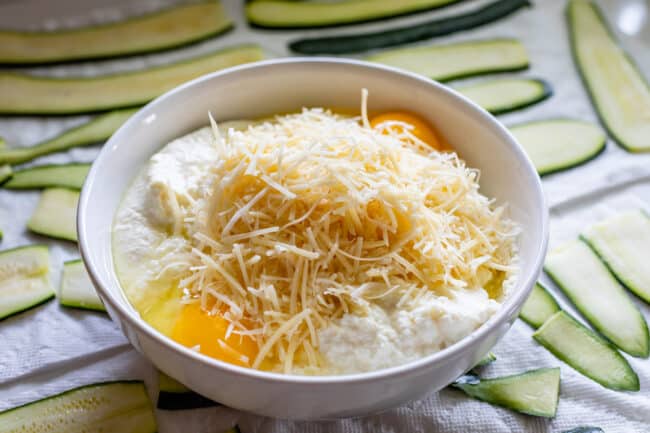 a white bowl of ricotta, eggs, parmesan.