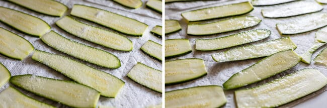 zucchini noodles laid out on paper towels and salted, water be released.