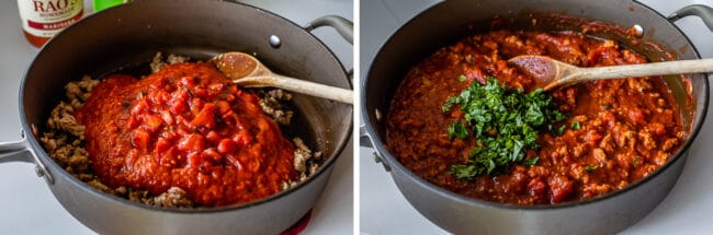 sausage and tomatoes in a pan, completed marinara sauce with basil.