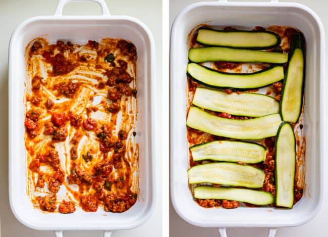 white casserole dish with red sauce, topped with zucchini noodles.