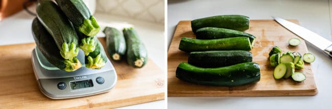 2 pounds of zucchini on a scale, zucchini with ends sliced off.