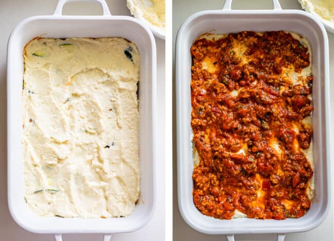 white casserole dish with ricotta, then marinara sauce on top.