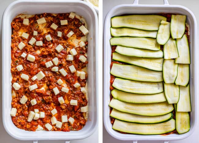 White casserole dish with marinara sauce and mozzarella, topped with zucchini noodles.
