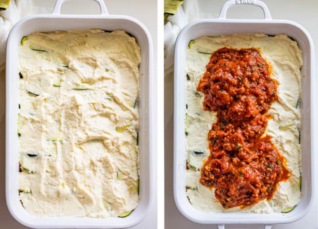 white casserole dish with ricotta, then topped with marinara.