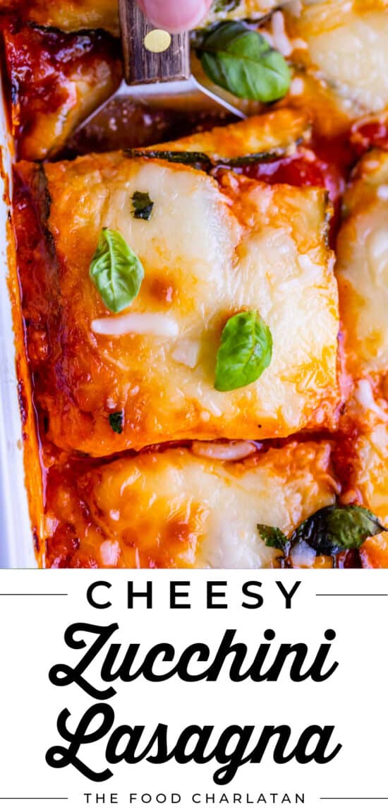 zucchini lasagna recipe in pan being lifted with spatula
