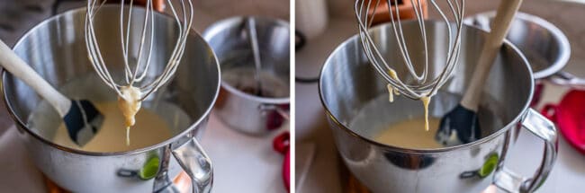 beating eggs and sour cream in a stand mixer with whisk attachment.