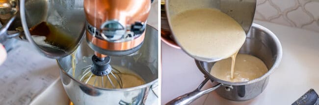 adding browned butter to sour cream mixture in a copper stand mixer.