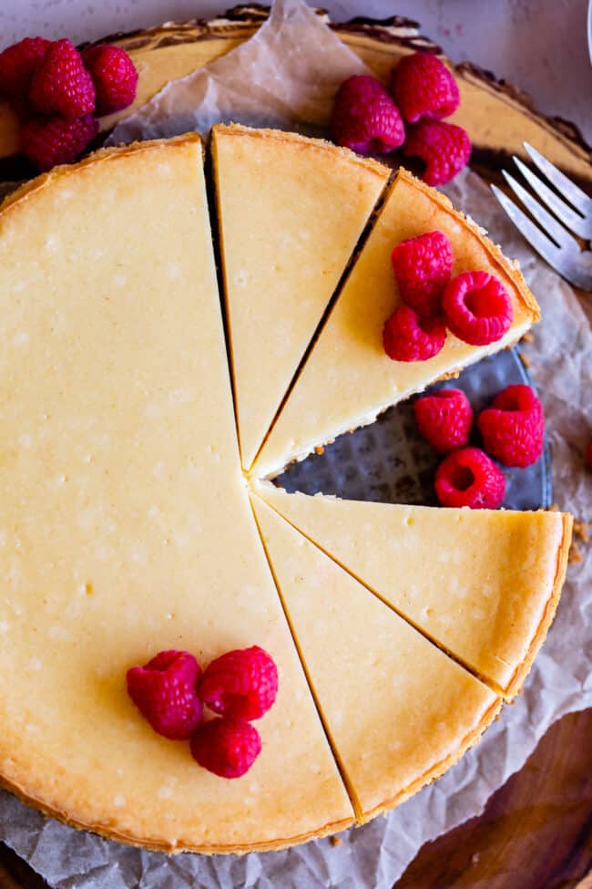 overhead shot of best cheesecake, with slices removed.