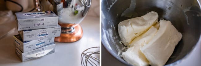 stack of 4 cream cheese boxes, cream cheese unwrapped in a metal bowl.