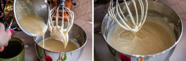 adding sour cream mixture to cream cheese mixture in stand mixer with whisk attachment.