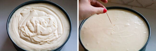 Cheesecake batter in springform pan, using toothpick to get air bubbles out of cheesecake.