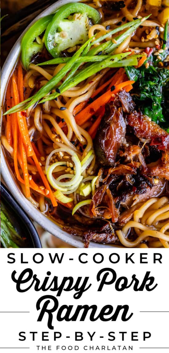 easy pork ramen in a bowl with garnishes and noodles